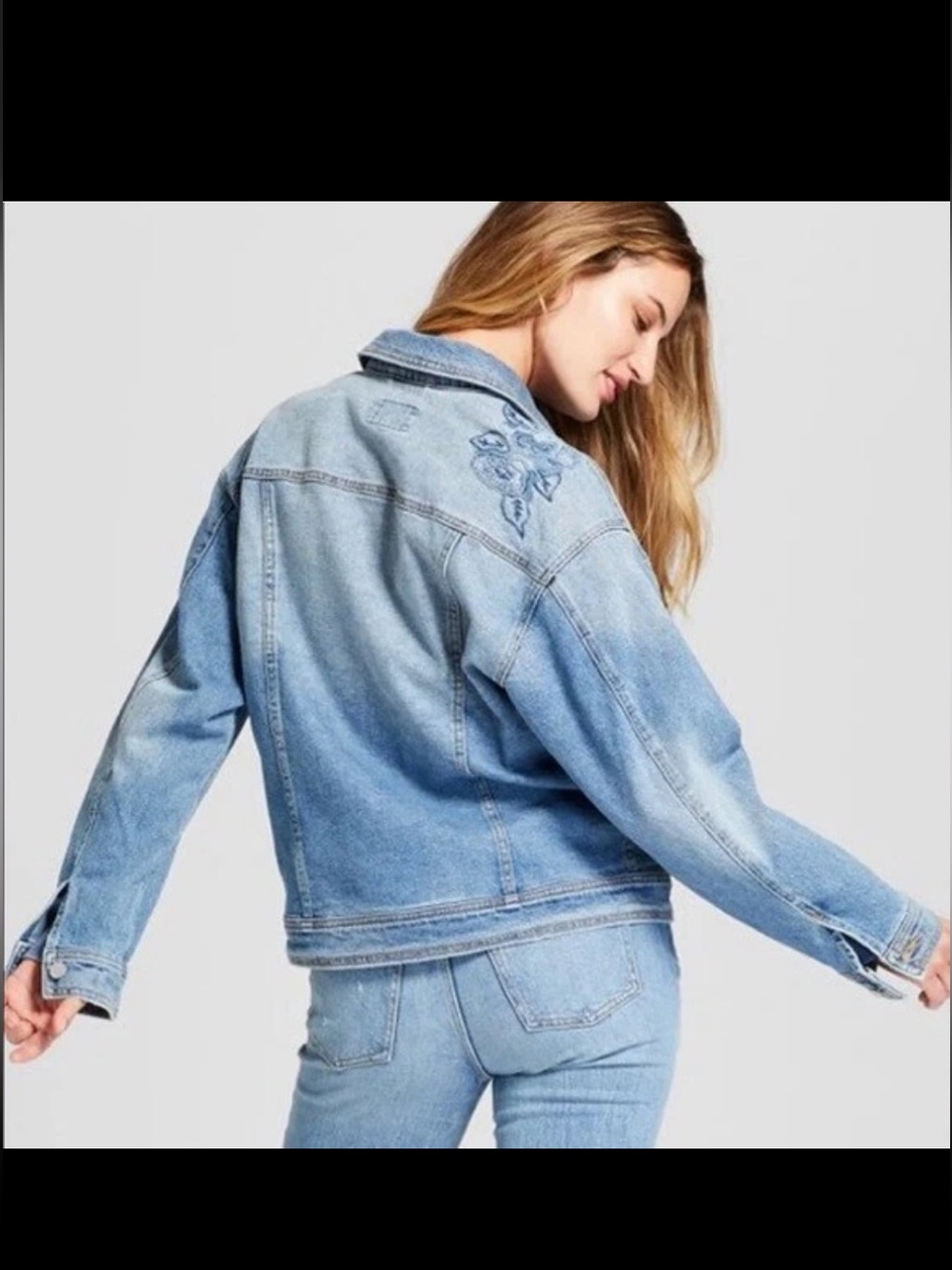 Universal Thread Embroidered Denim Jacket XL Light Wash Floral Stretch Trucker